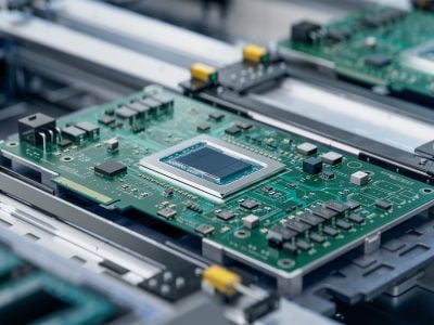 Circuit Board with Advanced Microchip on Assembly Line. Electron
