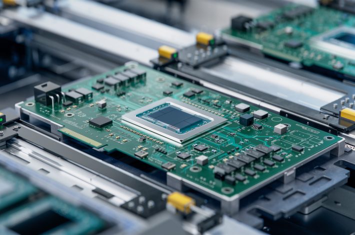 Circuit Board with Advanced Microchip on Assembly Line. Electron